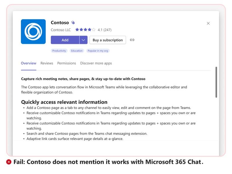 Screenshot shows a fail scenario without an example of sample prompt for message extension as a plugin in Microsoft 365 Copilot.