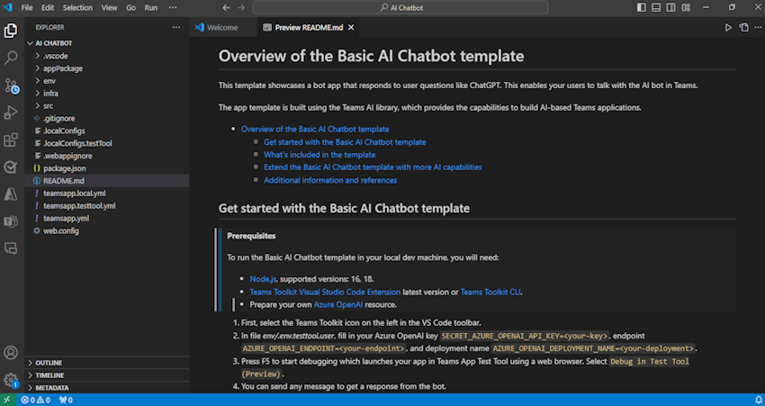 Screenshot shows the ai chatbot created and readme file is available.