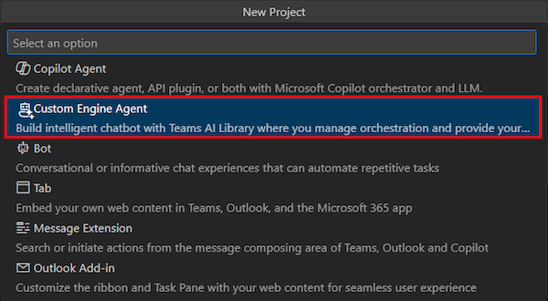 Screenshot shows the option to select custom engine agent as the new project to create.