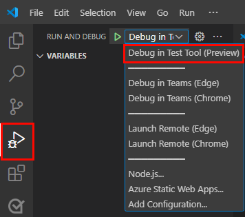 Screenshot shows the selection of debugging option from the list of options.