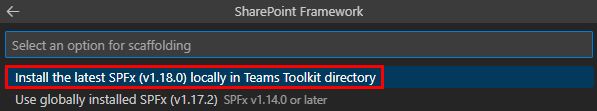 Screenshot showing the latest options to install spfx.