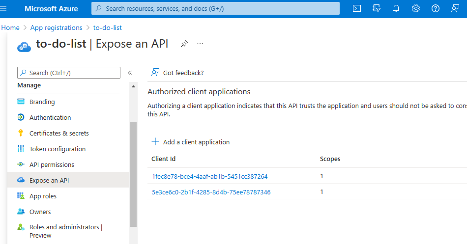 Screenshot shows the authorized client IDs from the app registrations on Azure portal.