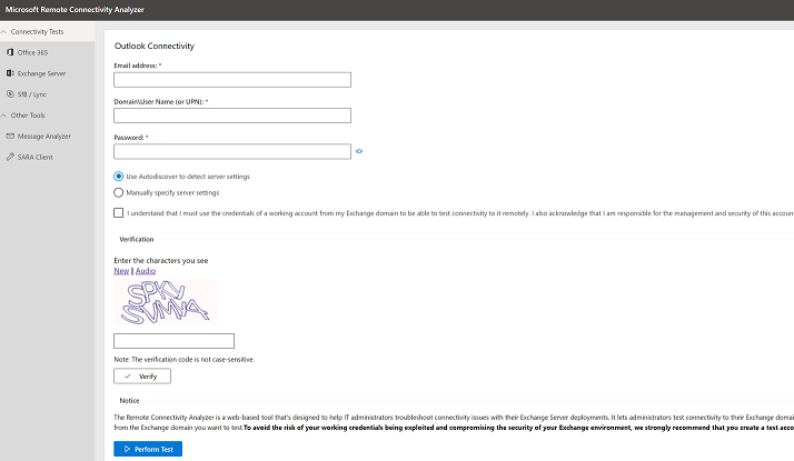 Screenshot of the Outlook Connectivity page of Microsoft Remote Connectivity Analyzer.