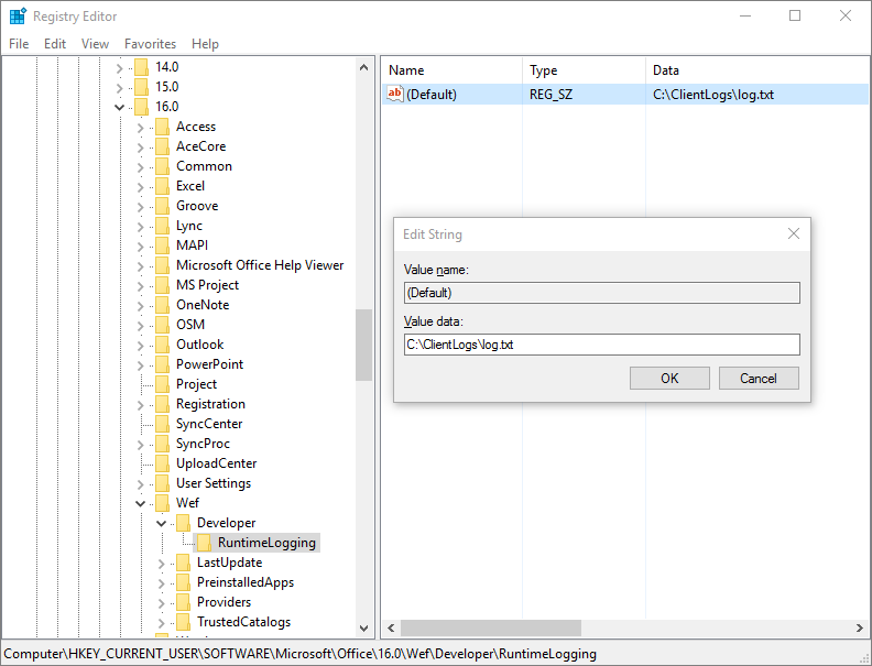 The registry editor with a RuntimeLogging registry key.