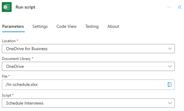 The completed Run script action to get interview data from the workbook.