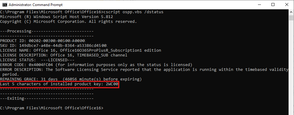 Output inclues Product ID, SKU ID, License Name, License Description, License Status, Error Code, and Last 5 characters of installed product key