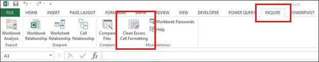 Screenshot to select Clean Excess Cell Formatting on the Inquire tab.