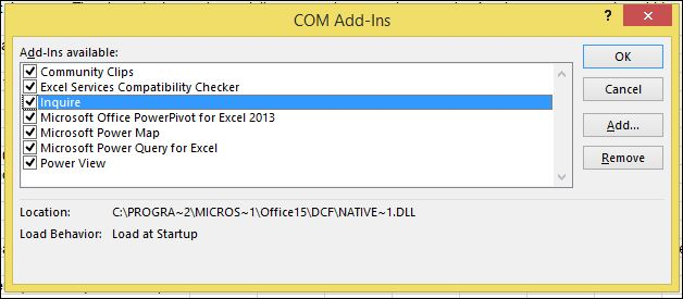 Screenshot of the COM Add-ins window with the Inquire check box selected.