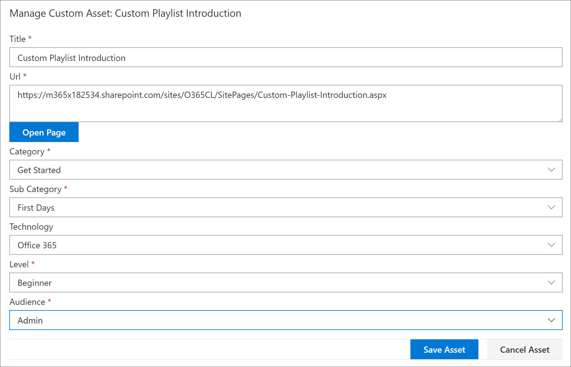 Details of new asset for playlist