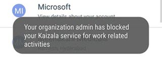 Message on an app user's device that Kaizala is disabled.