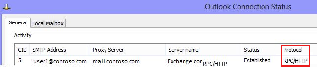 Screenshot of Outlook connection status dialog, which shows the Protocol column as RPC/HTTP.