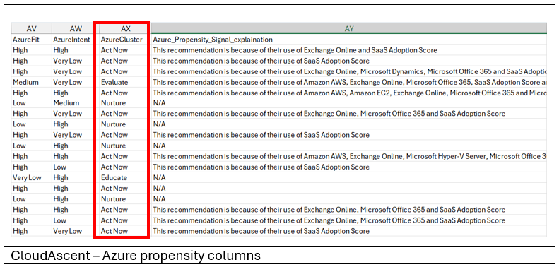 Screenshot of the CloudAscent report, with AzureCluster columns highlighted.