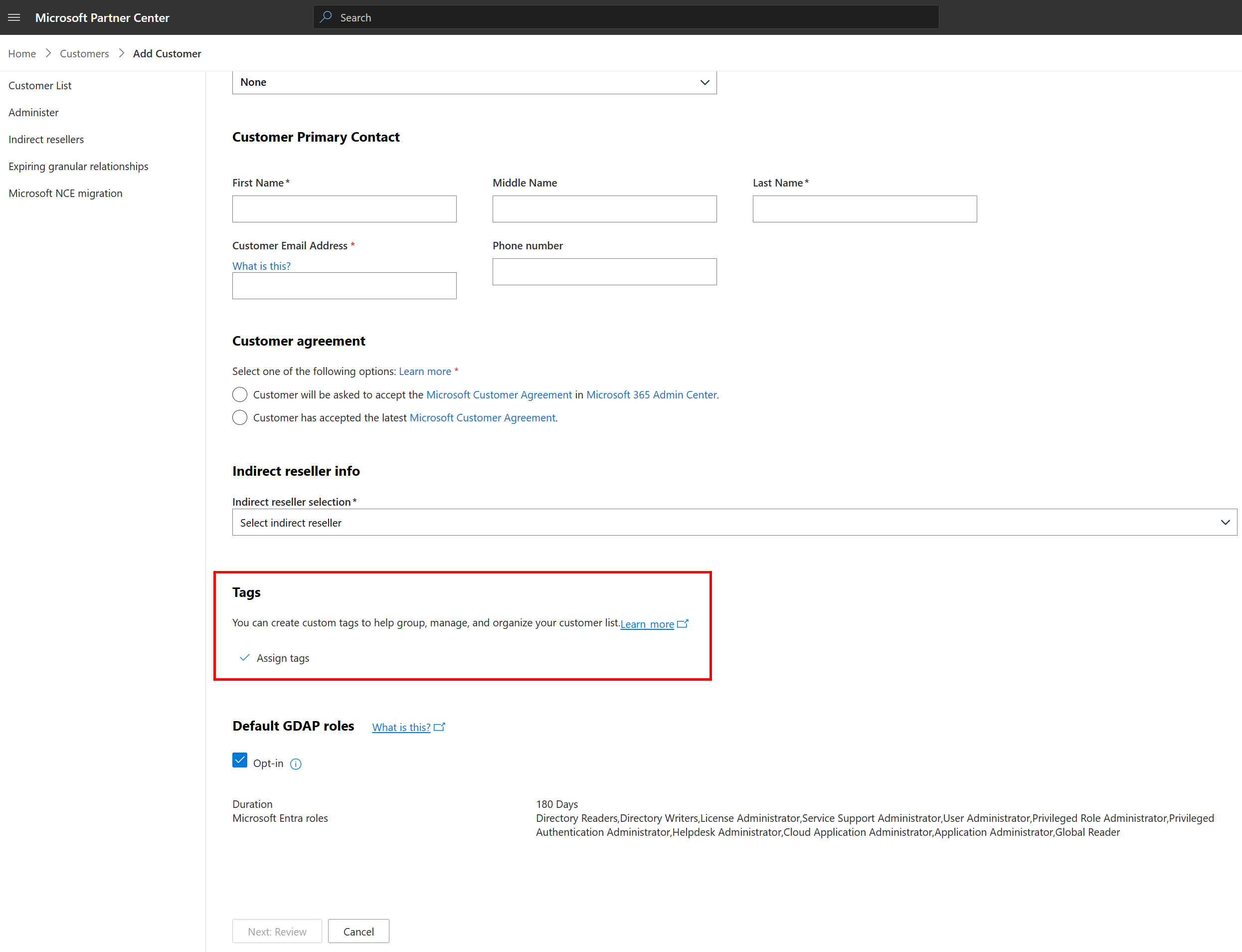 Screenshot of adding customer tags in the Add Customer page in Partner Center.