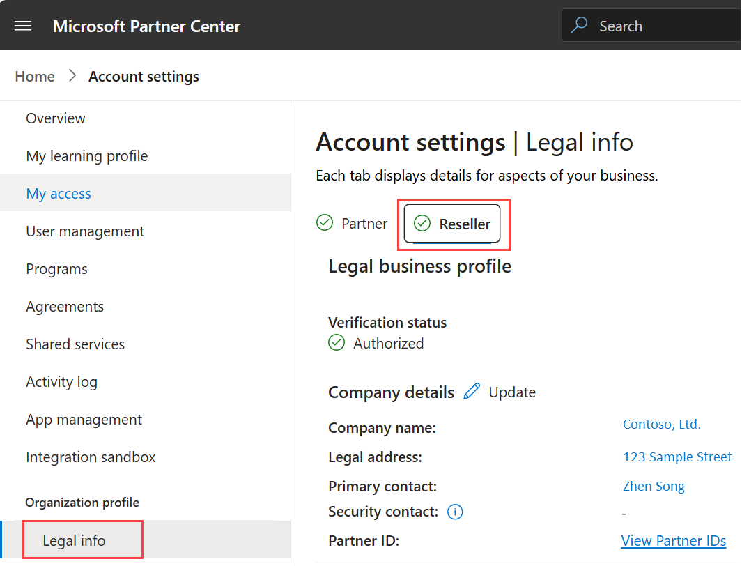 Screenshot of the Legal Info menu, with the Reseller tab highlighted.