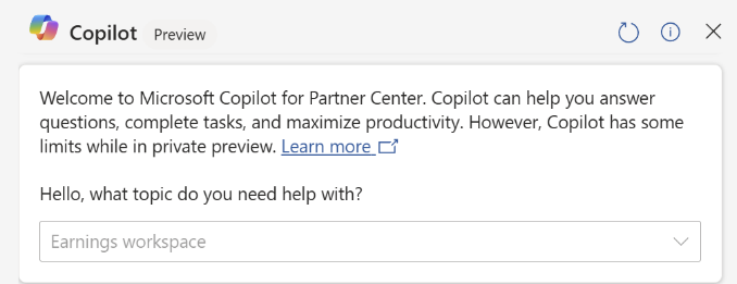 Screenshot showing the Copilot welcome dialog in Partner Center.