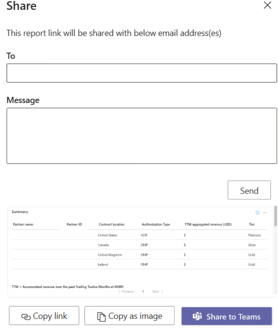 Screenshot of the Share menu on the Insights summary dashboard page, which includes the description: This report link is shared with below email address(es).