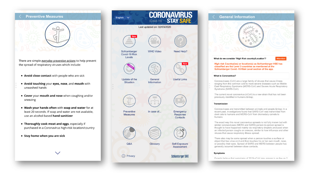 Some screenshots of the Schlumberger Stay SAFE app.