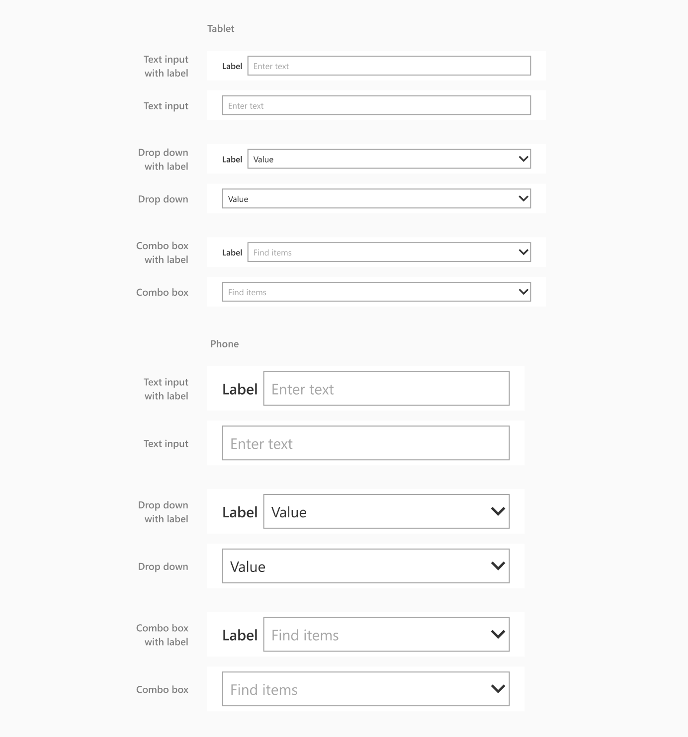 Horizontal text input, drop down, and combo box.