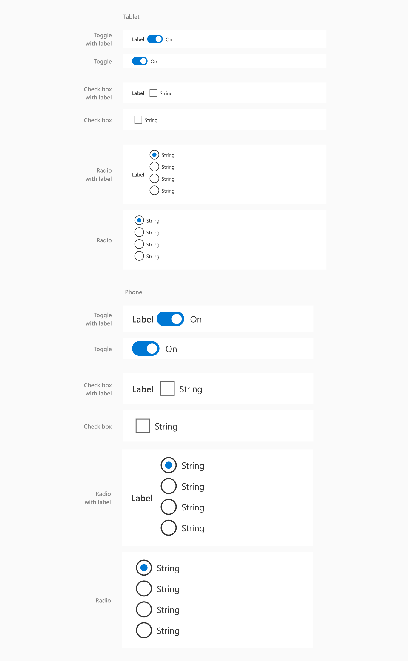 Horizontal toggle, check box, and radio.