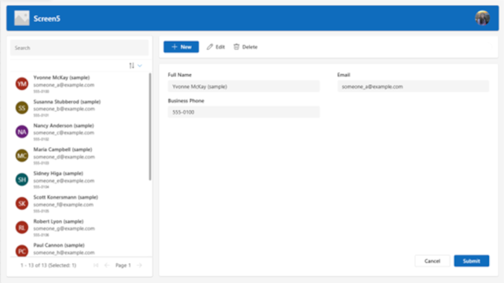 Screenshot that shows the screen view when connected to a data source: a data list and its form elements.