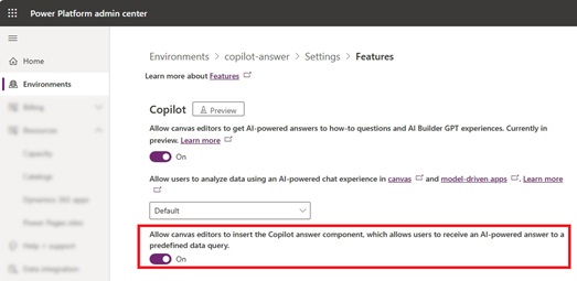 Turn on Copilot answer control on Power Platform admin center