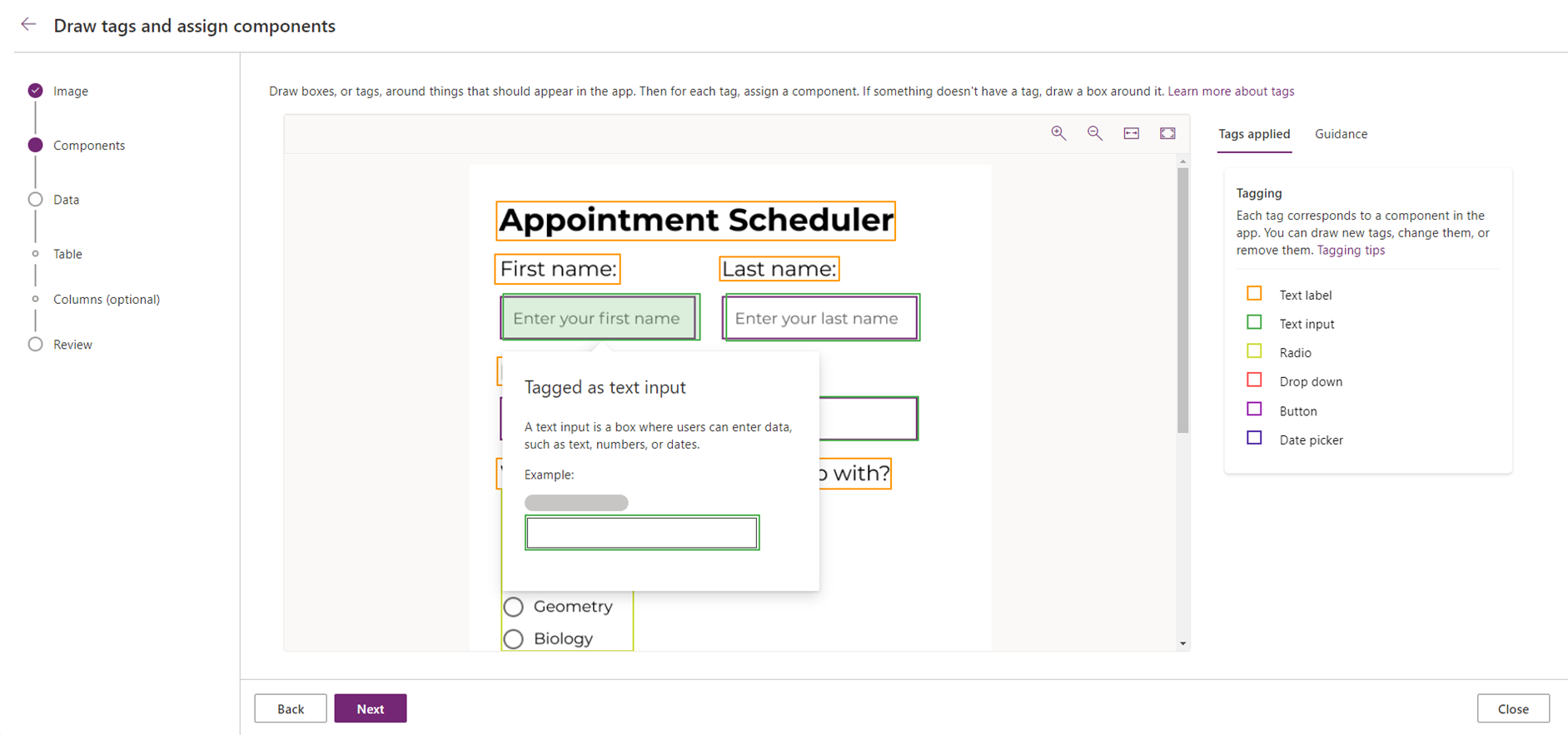 Design components for the app by selecting tags or creating a new tag and then choosing the tag control.