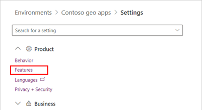 A screenshot of the Power Platform admin center, with the environment Product Features setting selected.