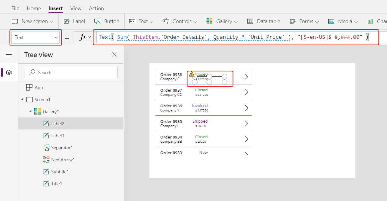 Formula for calculating an order's total cost.