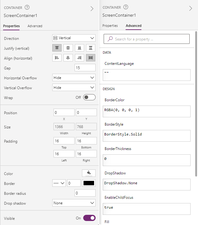 Screenshot that shows the properties pane that appears when you select an object in your canvas. Advanced properties is a tab in that same pane.