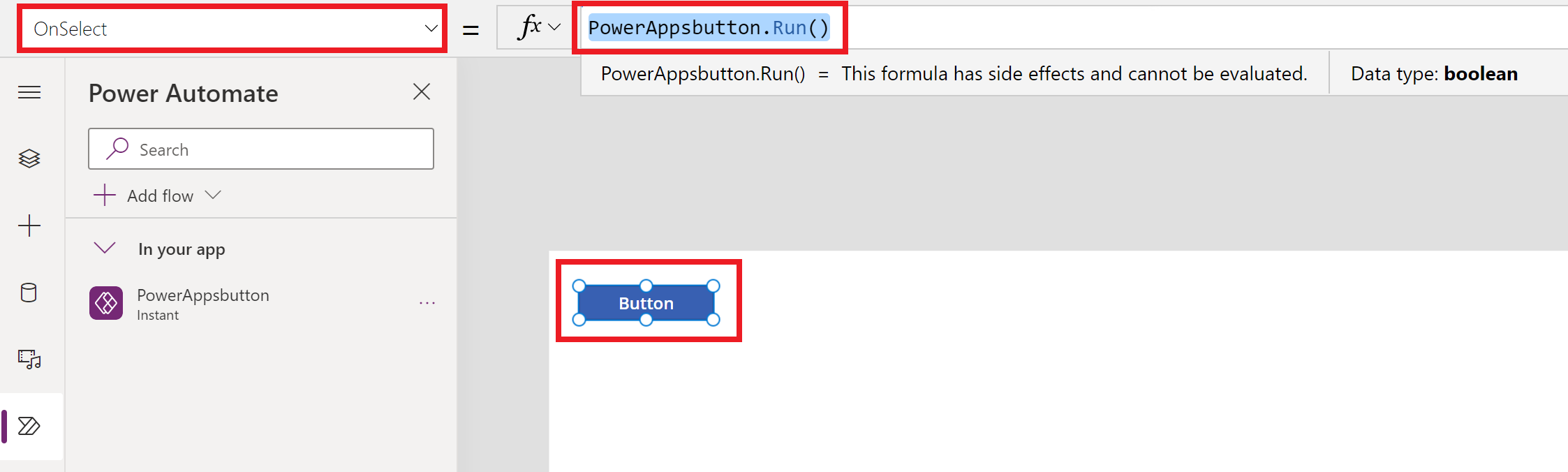 A screenshot showing flow added to OnSelect property of the button with the above formula.