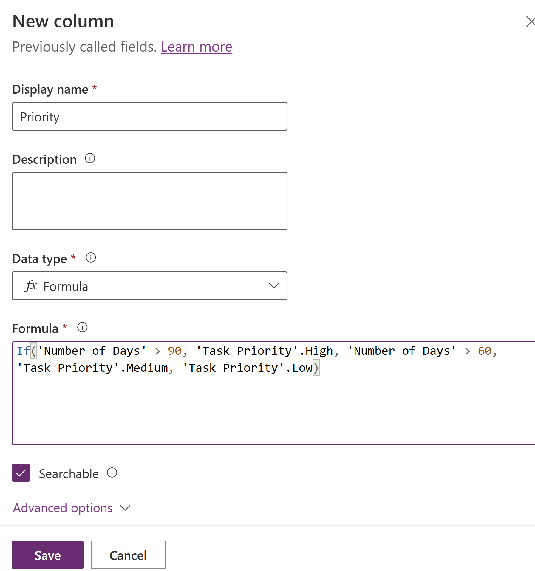 Screenshot of a creating global choice formula column.