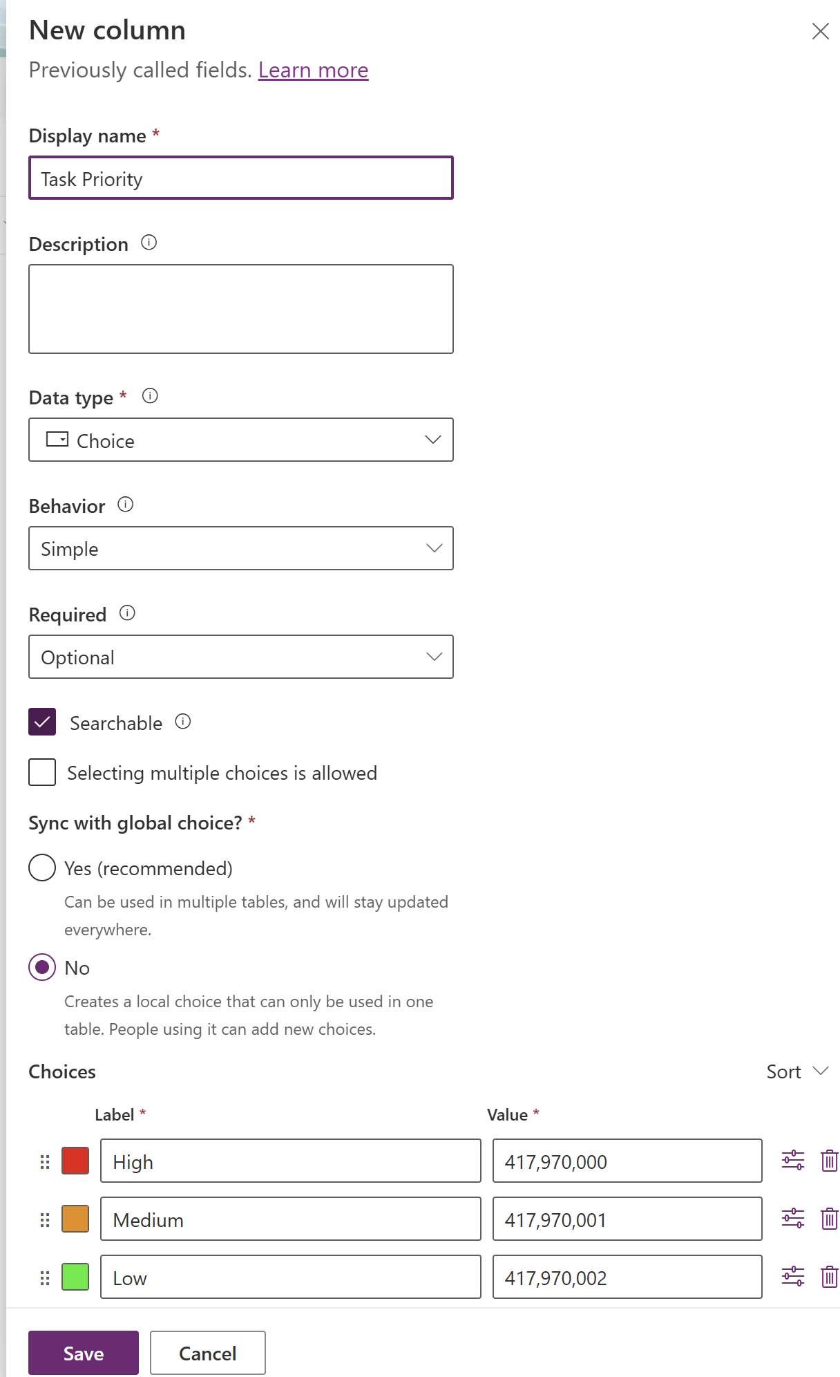 Screenshot of a creating a simple choice column.