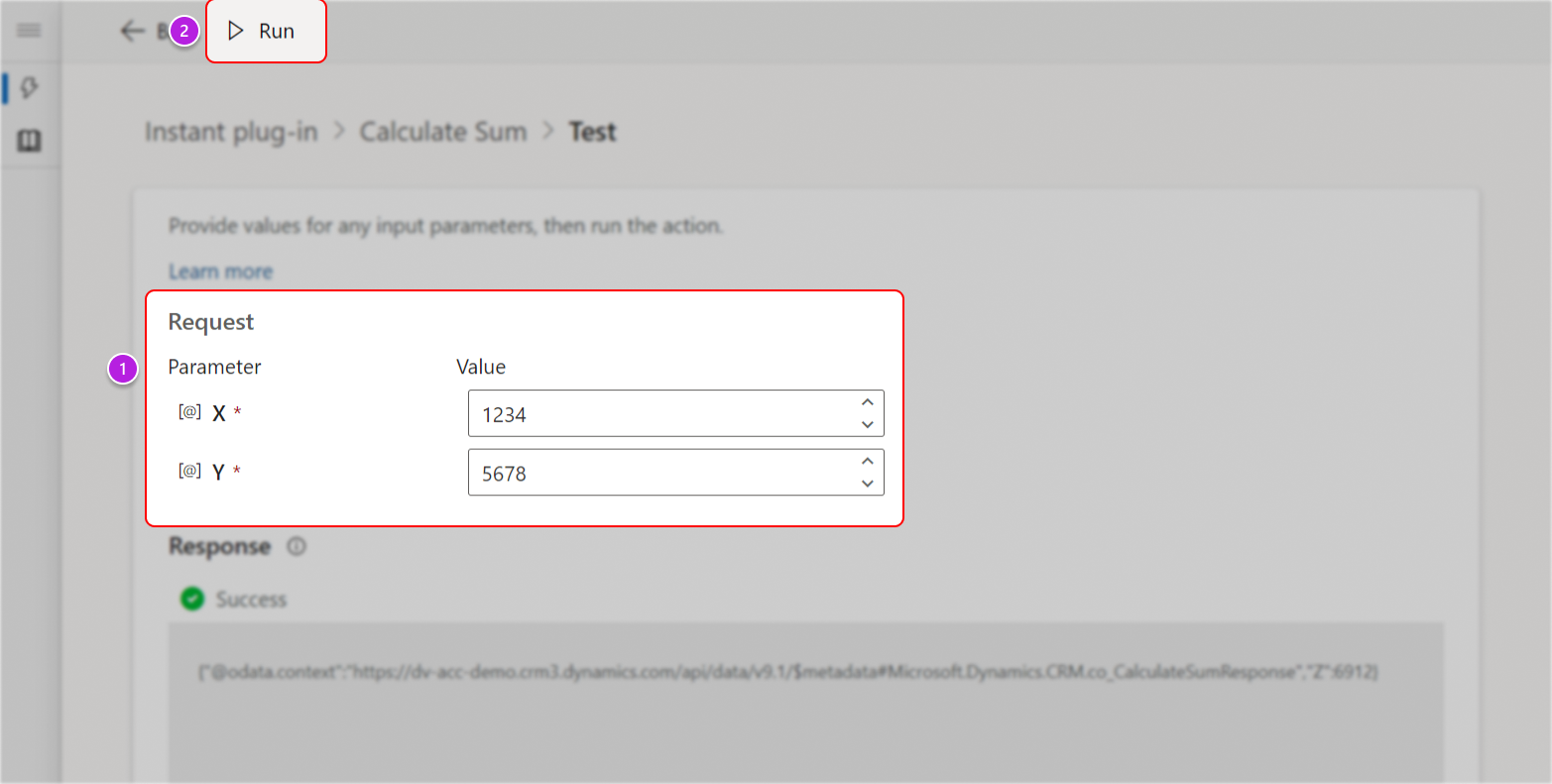 Select Run to test low-code plug-in