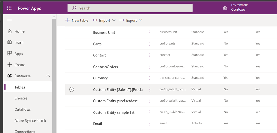 Maker portal with virtual table selected