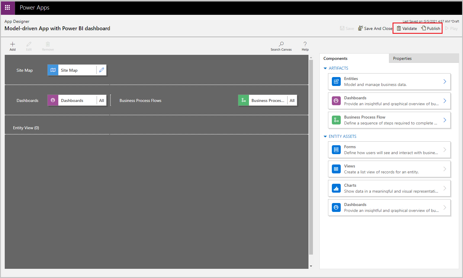 On the App Designer select Validate and then select Publish