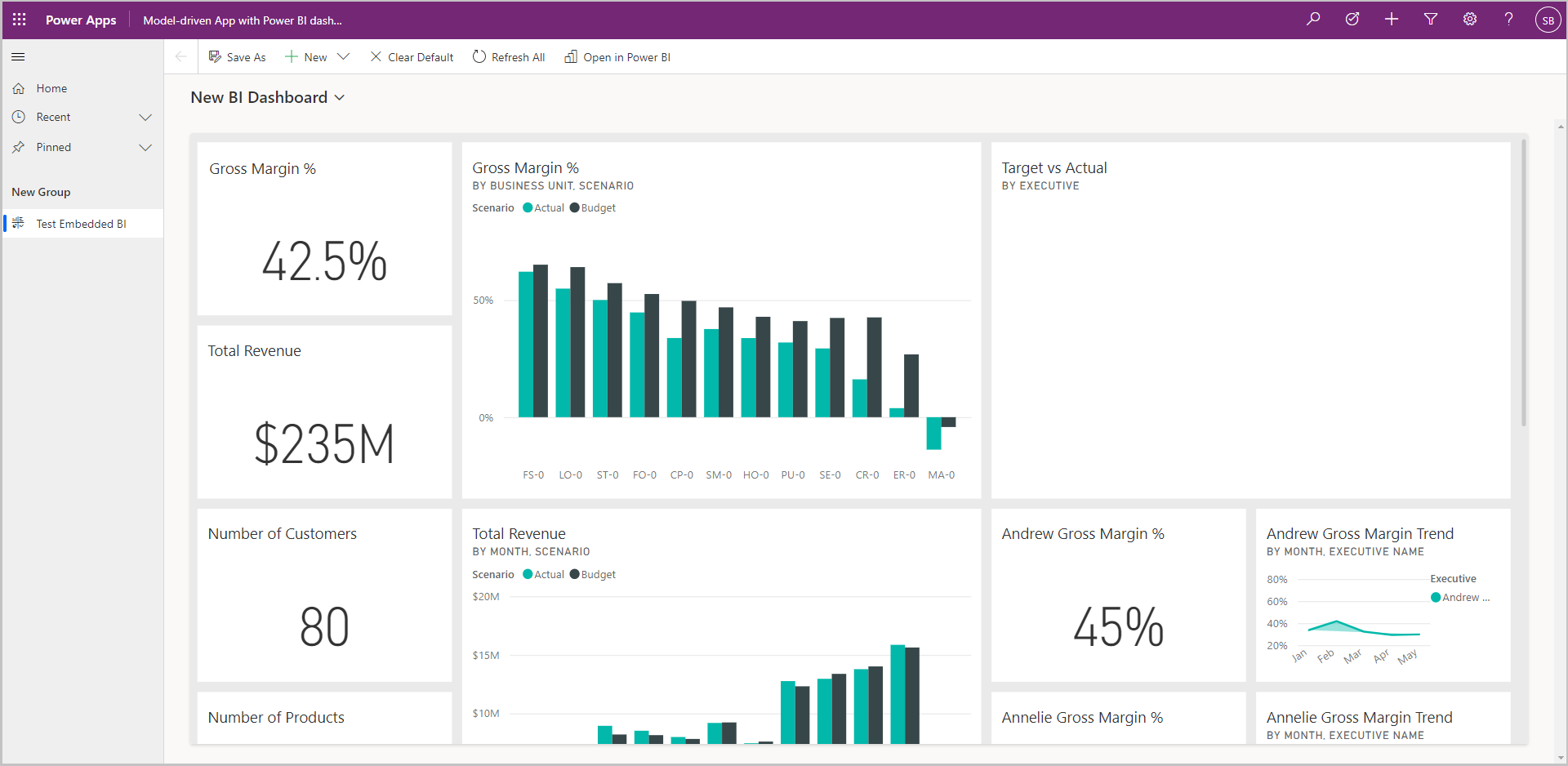 select the Test Embedded BI Report from the dropdown list