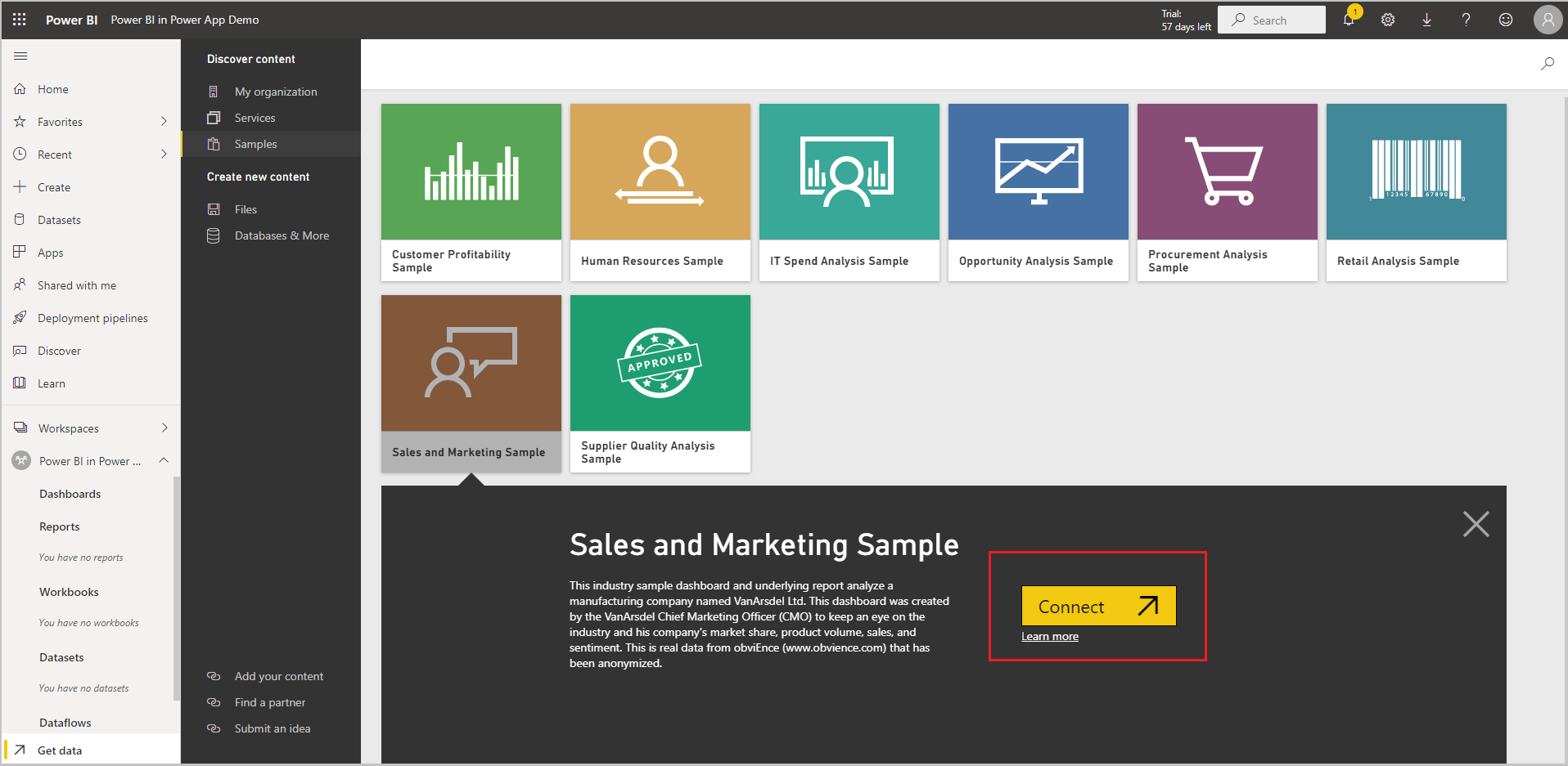 Select the Connect button to connect to the data sample