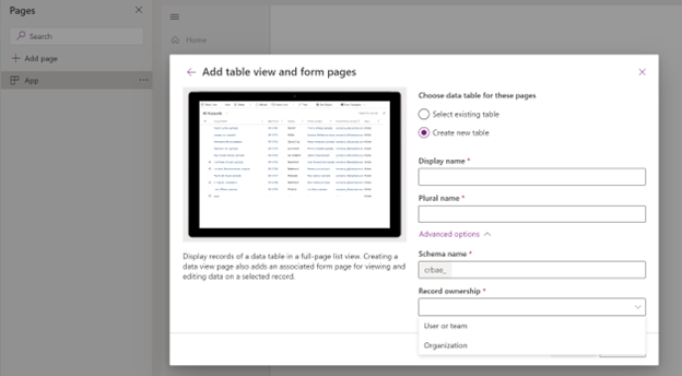 Create a table for a page in app designer