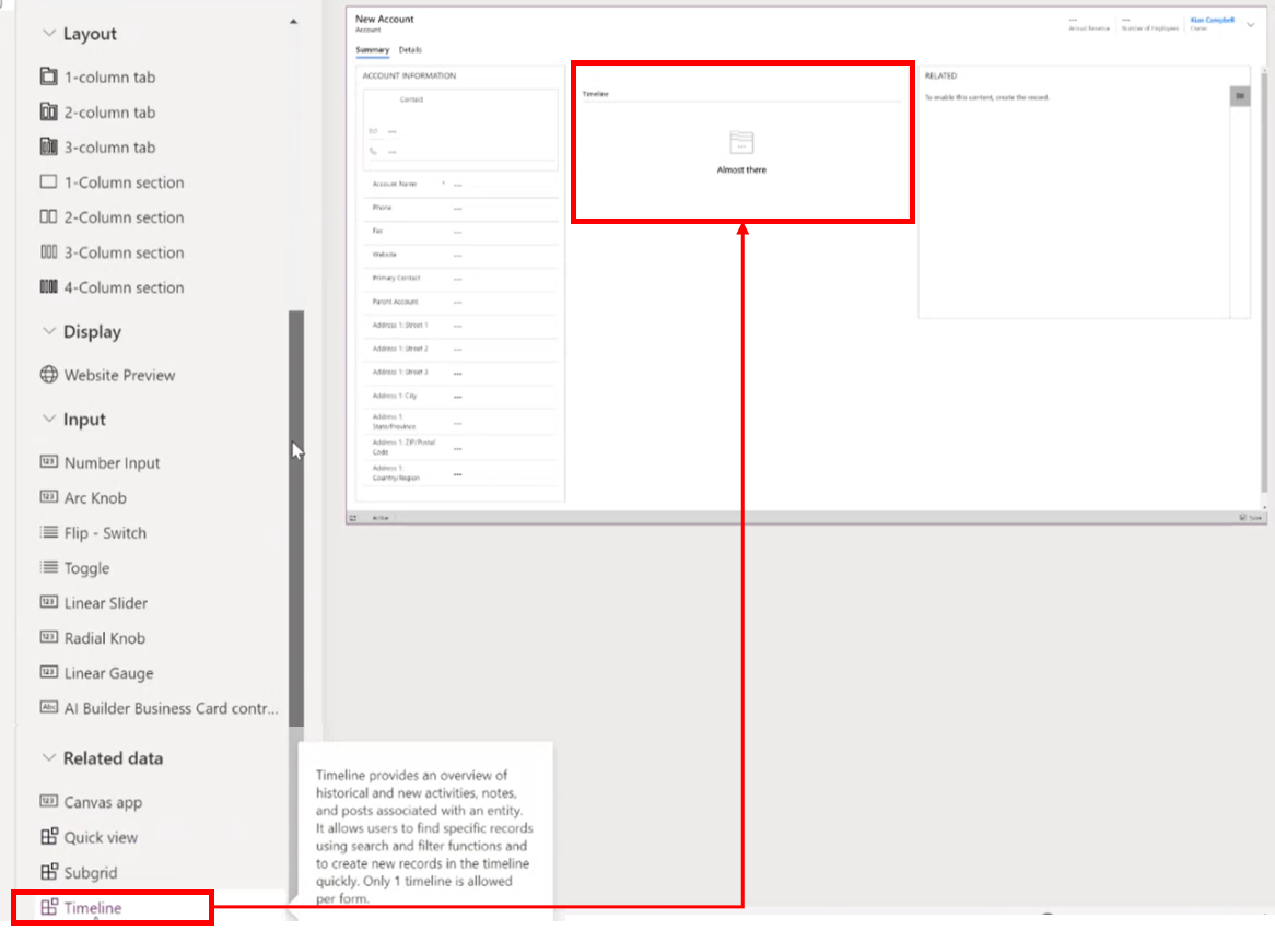 Adding or removing a timeline from an entity form.