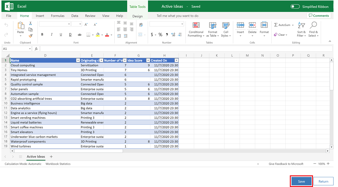 Select Save on the Excel Online file.