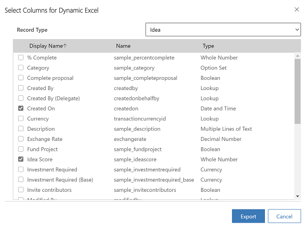 Select columns to export.