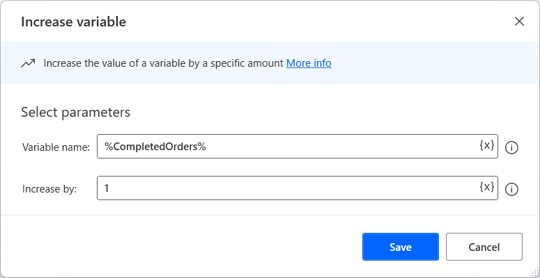 Screenshot of the Increase variable action.