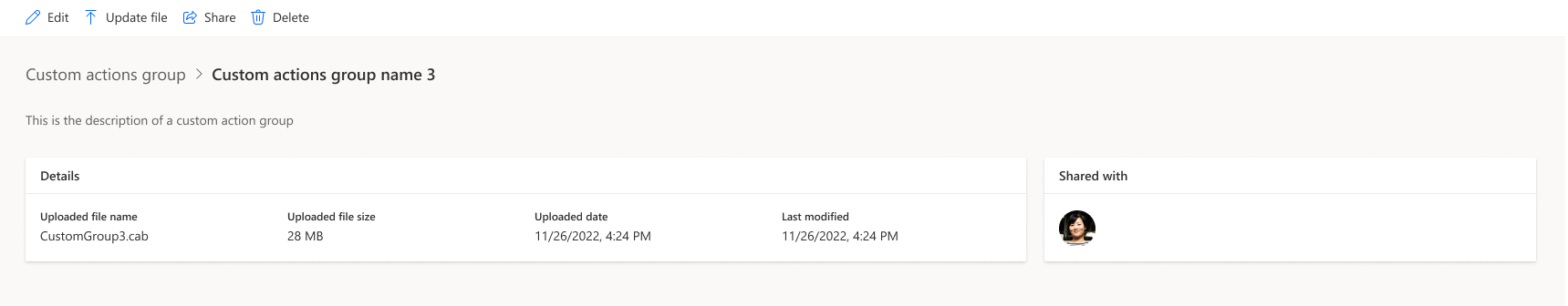 Screenshot of Upload custom actions group detailed view