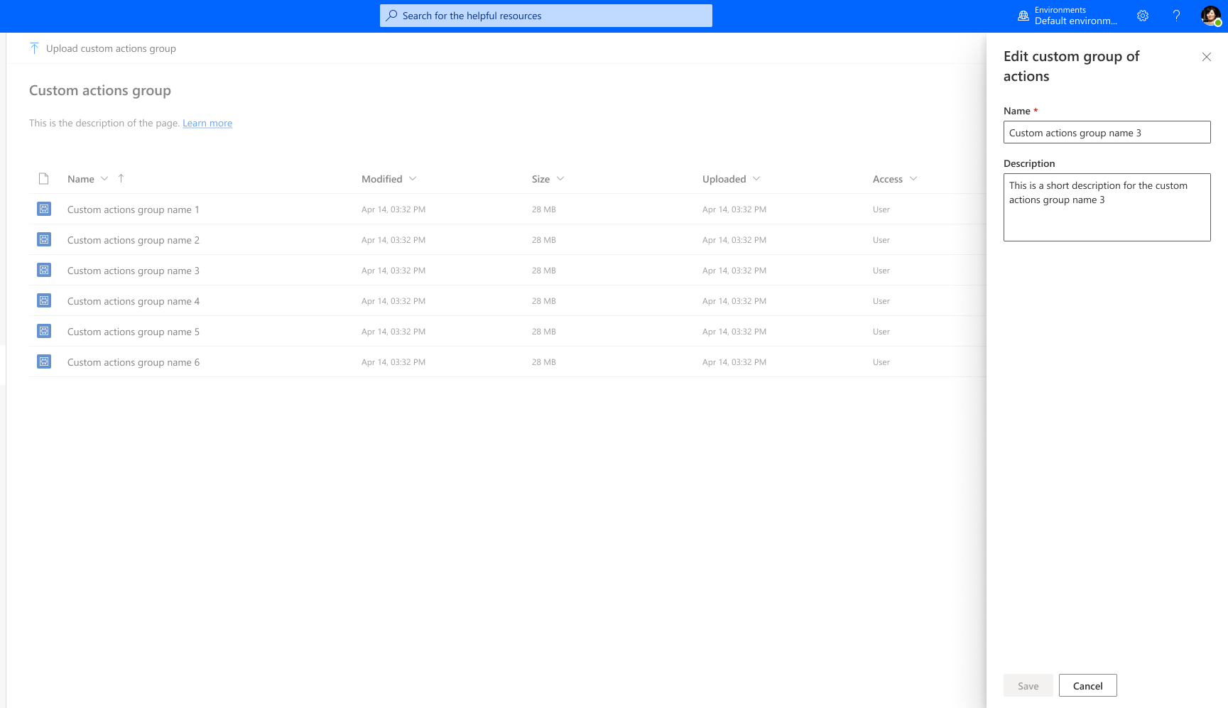 Screenshot of Edit custom actions group blade