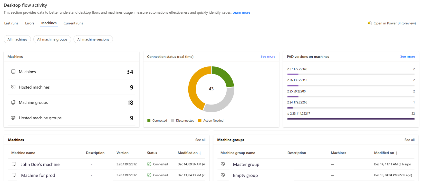 Screenshot of the Machines section of the Desktop flow activity.