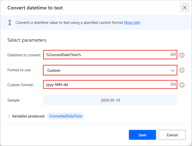 Screenshot of the Convert datetime to text action.