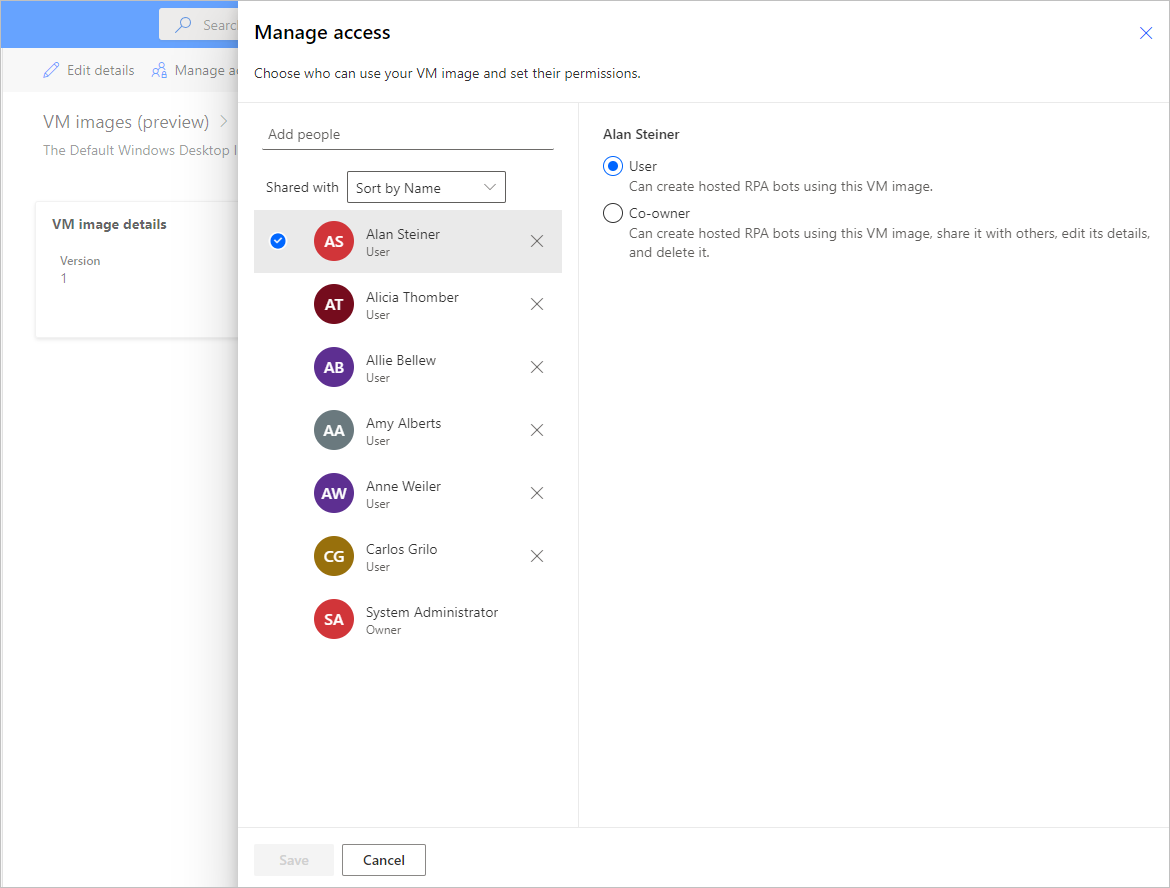 Screenshot of the Manage access dialog of a VM image.