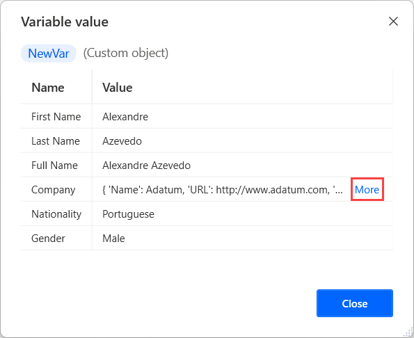 Screenshot of a parent custom object in the variable value viewer.