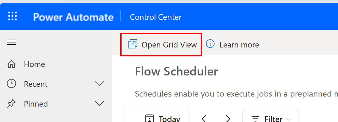 Screenshot of new Button 'Open Grid View' on home page to navigate to desktop flows runs page in Power Automate portal.