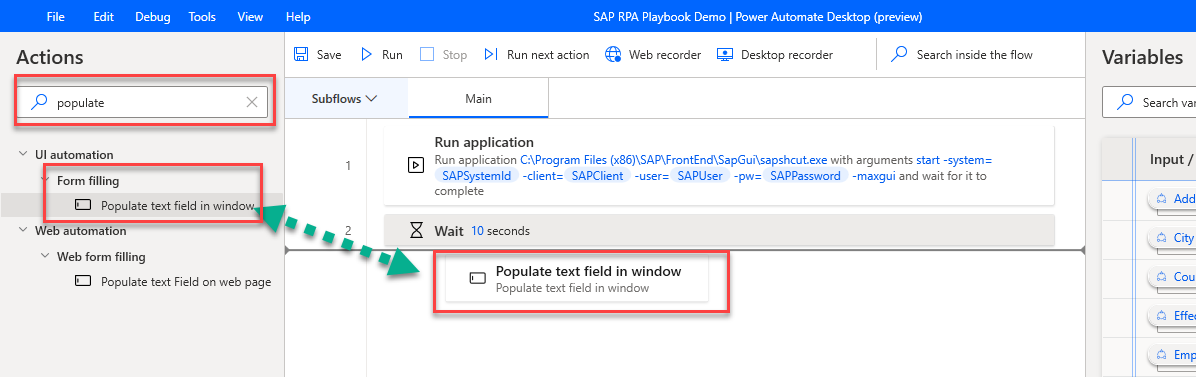 Screenshot of adding the Populate text field in window action after the Wait action in the Power Automate Desktop designer window.